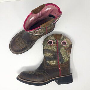 Ariat Pink Camo Brown Leather Western Cowboy Boots Women's Size 6.5